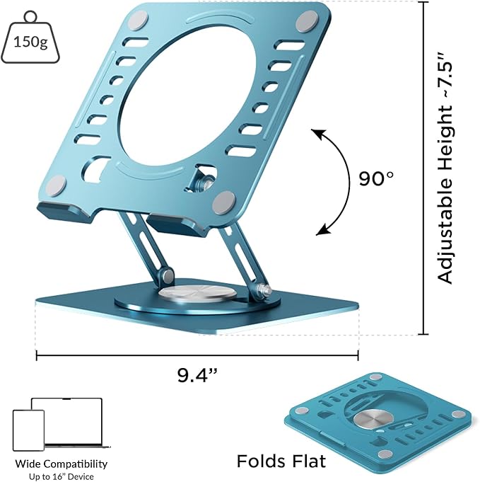 Uncaged Ergonomics Swivel Laptop Stand for Desk, Adjustable Computer iPad Stand for Desk w/ 360 Rotation, Portable Laptop Holder for Home Office Ergonomic Supplies (Ocean Blue)