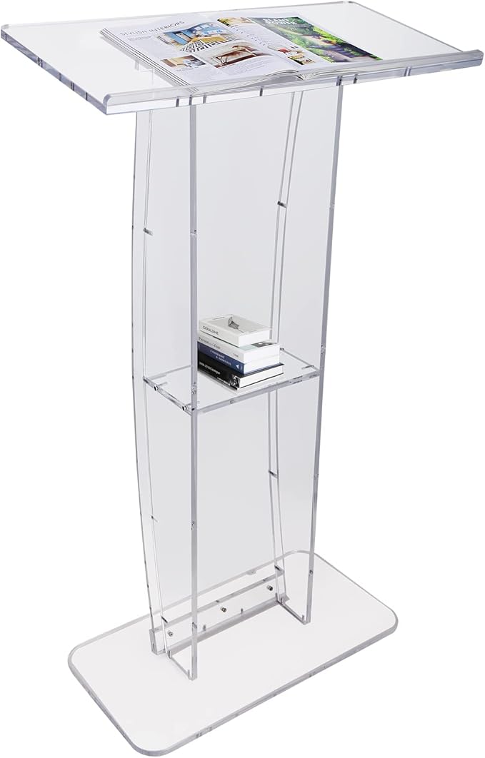 VEVOR Acrylic Podium, 47" Clear Acrylic Podium Stand with Wide Reading Surface & Storage Shelf, Floor-Standing Clear Pulpits Acrylic for Church Office School