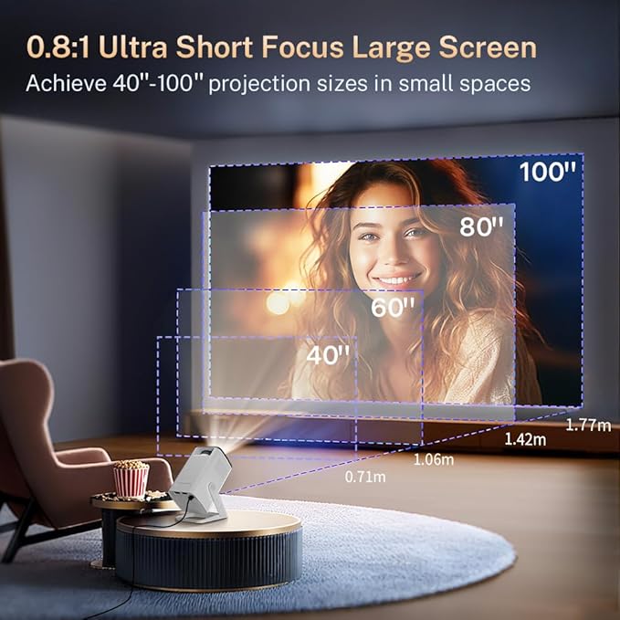 Mini Projector with WiFi 6 and Bluetooth 5.4 Built-in Apps Portable Projector Android 11 Auto Keystone 1080P 4K Support for Bedroom Outdoor Compatible with iOS/HDMI/TV Stick VisualCube 300