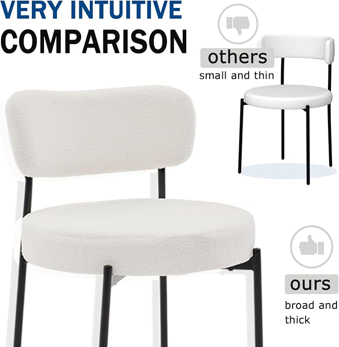 White Boucle Dining Chairs Set of 2, Upholstered Dinner Chair with Metal Frame, Dining Room Chairs with Padded Seat, Round Modern Seating for Living Room