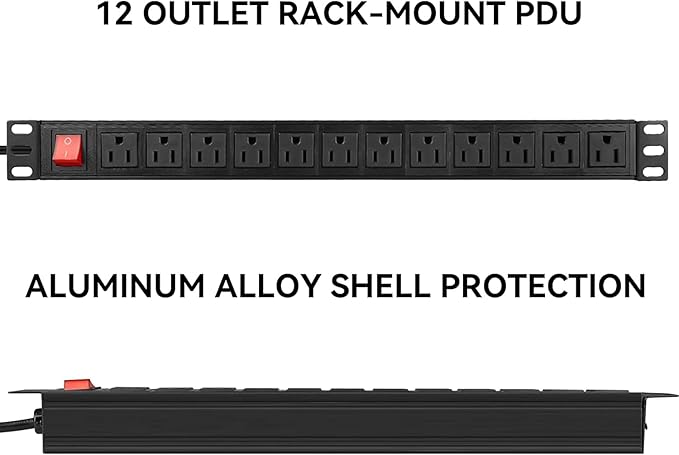 BTU Power Surge Protector Rack-Mount PDU, 12 Outlet Power Strip with Switch, Metal Mountable Heavy Duty for Server Racks, Garage Shop, Industrial Commercial (Black 10FT)