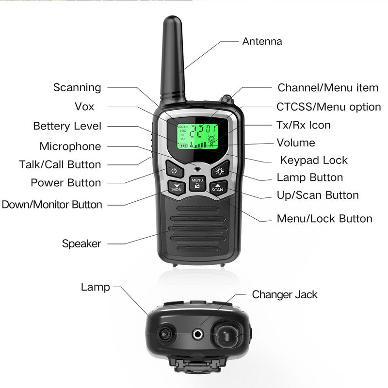 Walkie Talkies with 22 FRS Channels, MOICO Walkie Talkies for Adults with LED Flashlight VOX Scan LCD Display, Long Range Family, Radios for Hiking Camping Trip (Silver, 4 Pack)