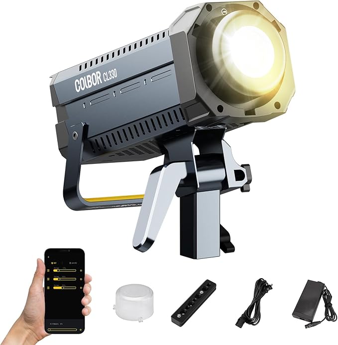 Video Light, COLBOR CL330 Lite 330W Continuous Lighting 2700-6500K Bi-Color CRI96+ 12,400Lux@3.3ft COB Studio Light Professional with 10 Light Effects【Carrying Bag and Reflector NOT Included】