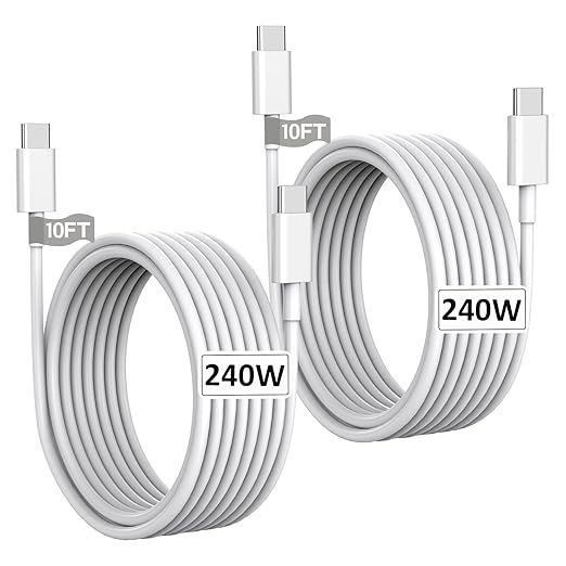 USB C to USB C 240W USB C Cable 2-Pack 10ft C to C Cable Fast Charging for MacBook Pro/MacBook Air iPad Pro/iPad Air iPhone 16 15 Pro Max Plus Samsung GalaxyCompatible 140W/100W/65W/45W/35W/20W
