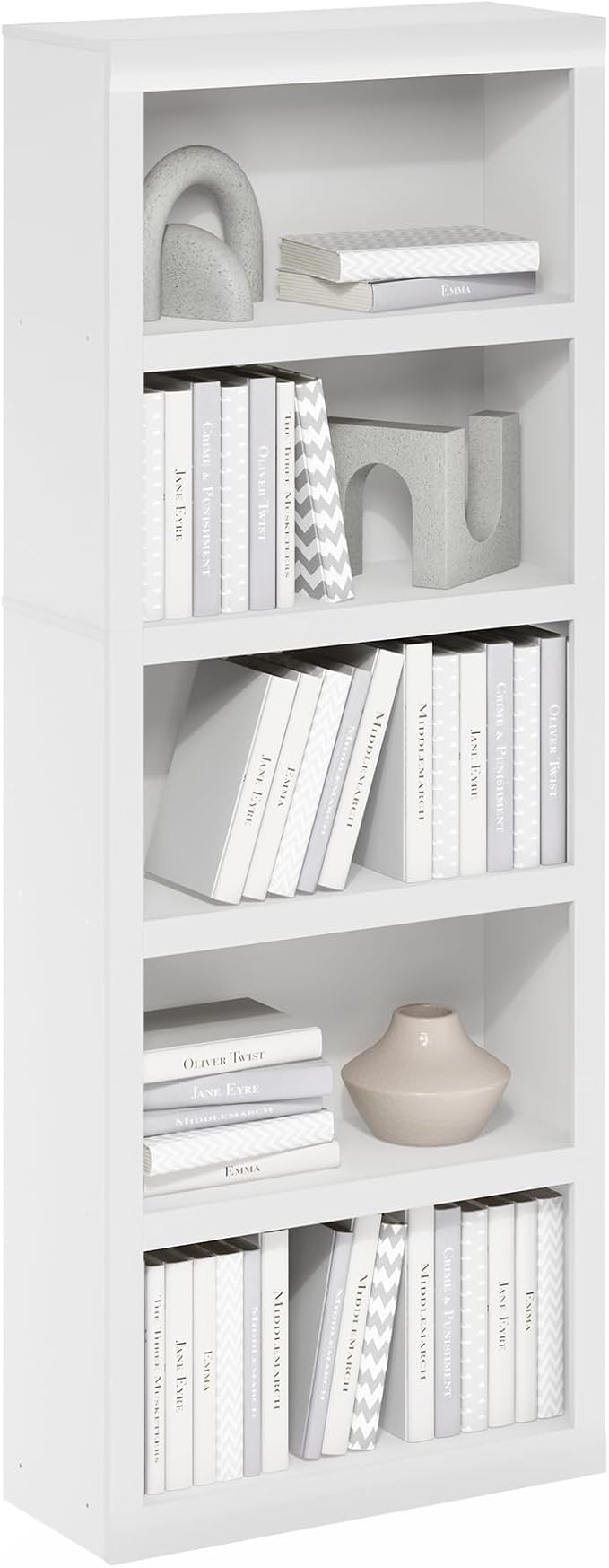 Furinno Rail 5-Tier Open Shelf Bookcase with Classic Style Edges, White