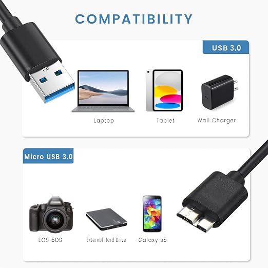 5-Pack USB 3.0 Micro B Cable External Hard Drive Data Cord for Seagate | For Toshiba Western Digital WD My Passport 3 ft
