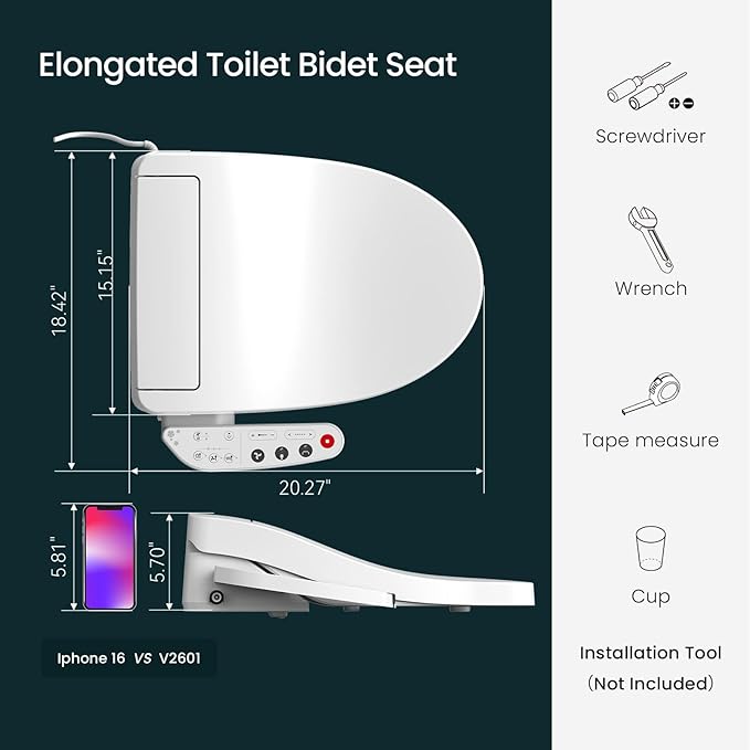 R&T V2601 Electric Bidet Seat For Elongated Toilet, Smart Toilet Seat with Heated Seat, Adjustable Temperature, Warm Air Dryer, Night Light