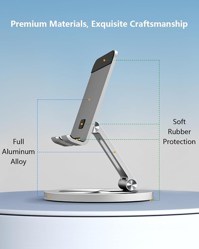 Phone Stand for Desk 360° Rotating Dual Adjustable Foldable Cell Phone Holder Heavy Solid All-Aluminum Base Anti-Slip Stable Support for Home Office Study Fits iPhone Galaxy 4-8 Phones