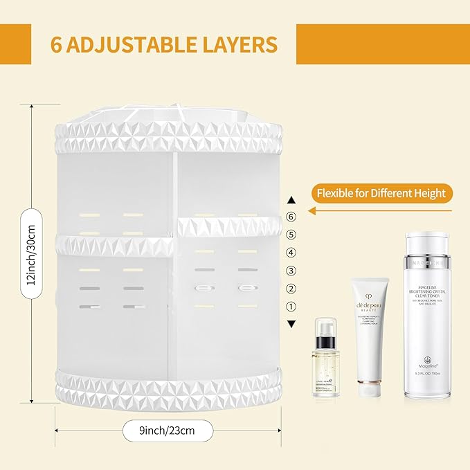 360 Rotating Makeup Organizer, DIY Adjustable Cosmetics Organizer[Patented Product], Professional Acrylic Make Up Caddy Shelf Storage Perfume, Lipsticks, Makeup Brushes or Accessories (White)