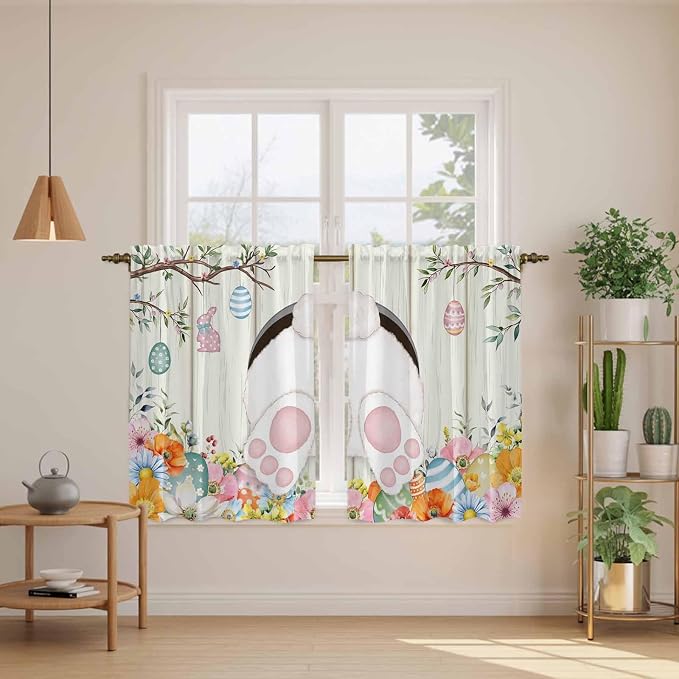 Easter Kitchen Curtains 54 Inch Long 2 Panel Set, Rod Pocket Window Curtains