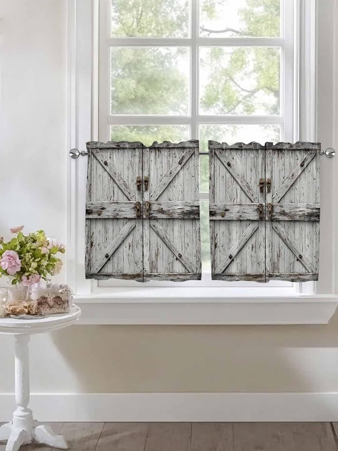 Vintage Gate Half Window Curtains 24 Inches Long, Farmhouse Wooden Grain Shabby