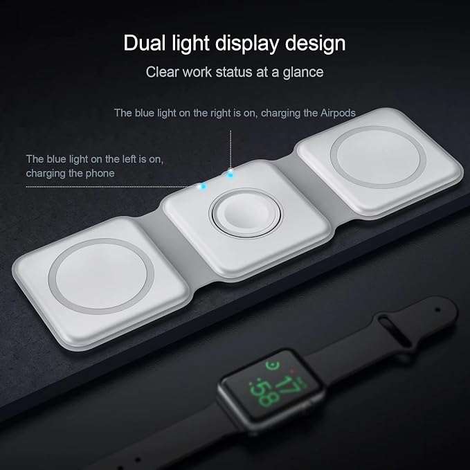Apple Devices Charging Pad for iPhone 12 13 14 15 16 Pro Max iWatch Airpods - 3 in 1 Wireless Magnetic Foldable Travel Charger Station for Multiple Apple Devices Fast-Charging Charger Included