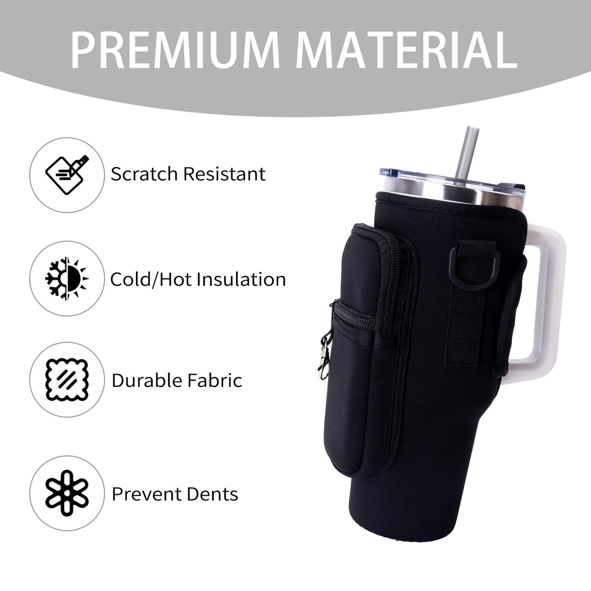 Toptime Water Bottle Carrier Bag with Phone Pocket for Stanley Cup 40 oz, Water Bottle Holder with Adjustable Shoulder Strap, Neoprene Stanley Cup Accessories for Hiking Travelling Camping (Black)
