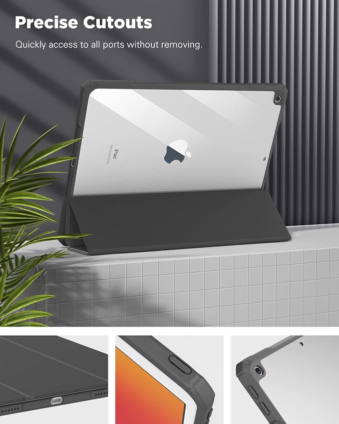 TiMOVO Case for iPad 9th/8th/7th Generation 10.2 inch Black | Pencil Holder Slim Trifold Stand Protective Cover Clear Transparent Back Shell Auto Wake/Sleep