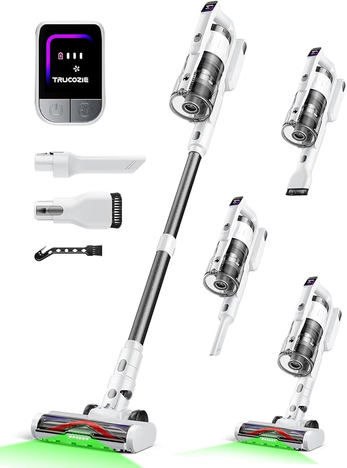 Cordless Vacuum Cleaner for Home, Upgraded 60Kpa Powerful Suction Pet Hair Vacuum with 70min Runtime, Green LED Light for Hardwood Floors & Carpet, Self-Standing Rechargeable Stick Vacuum, Off-white