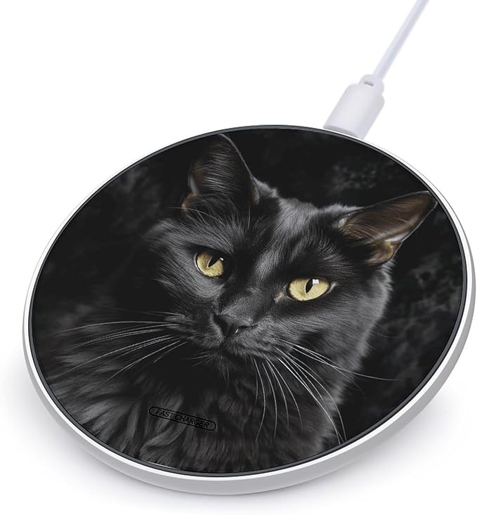 A Black Cat on A Black Background Wireless Charger Aluminum Alloy Frame 10W Fast Charging Pad with Indicator Light 6mm Thin &amp Portable Wireless Charging Pad for Travel Home Office Desk