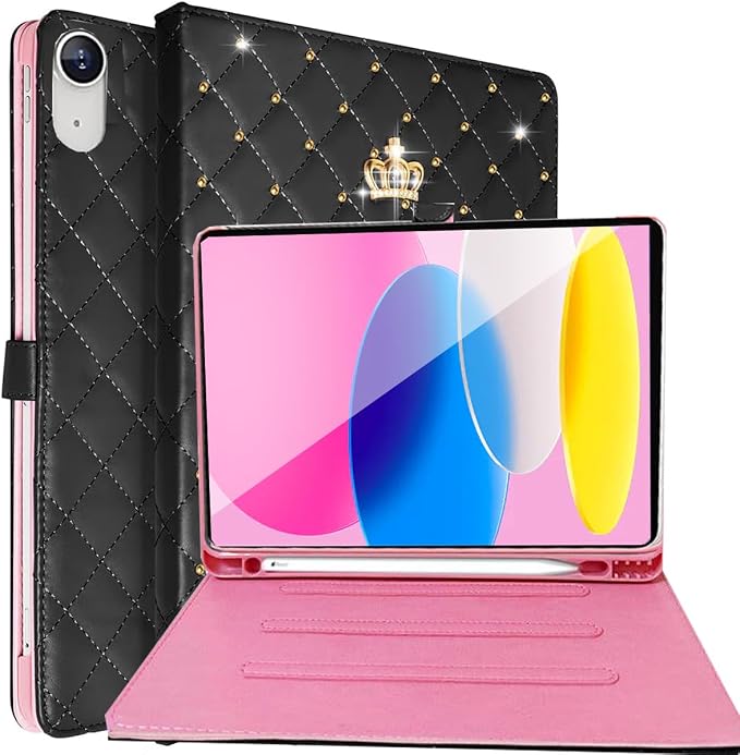 for iPad (A16) 11th Gen 11 Inch 2025/iPad 10th Generation 10.9 2022 Case with Pencil HolderCute Crown Diamond Elegant PU Leather Auto Sleep/Wake Stand Protective Case for iPad 10/11thBlack
