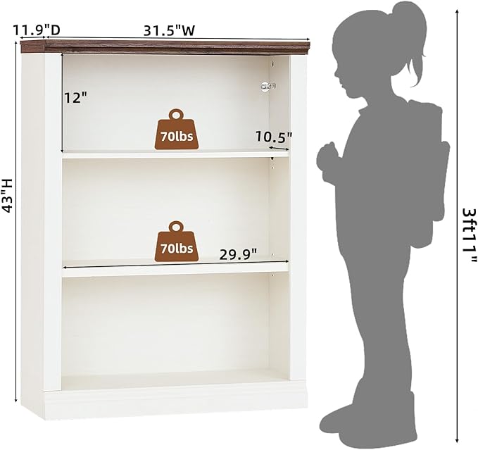 43" White Tall Bookshelf Set of 2,3-Tier Thick Wooden Book Shelf with Adjustable Shelves,Free Standing Farmhouse Bookcase with Open Display Storage,Floor Vintage Bookshelves for Living Room