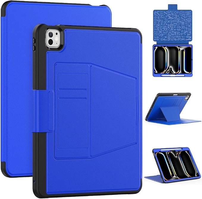 for iPad Pro 11 inch Protective Case M5 2025/M4 2024: Heavy Duty Shockproof Case with Pencil Holder - 360°Rotating Handle/Stand - Screen Protector - Shoulder Strap Black/Sky Blue