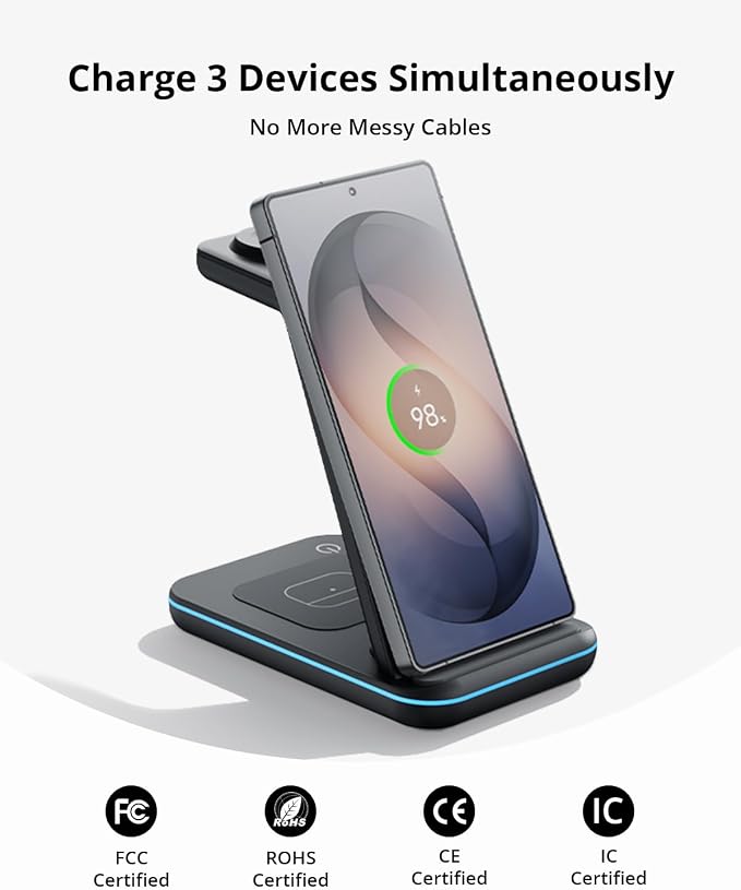 Wireless Charger for Samsung&ampAndroid: JoyGeek 3 in 1 Charging Station for S26/S25/S24/S23/S22/S21/S20/Note20/Z Fold&ampFlip Galaxy Watch8/7/6/5/4/3/Active2/1 Buds 3 Pro