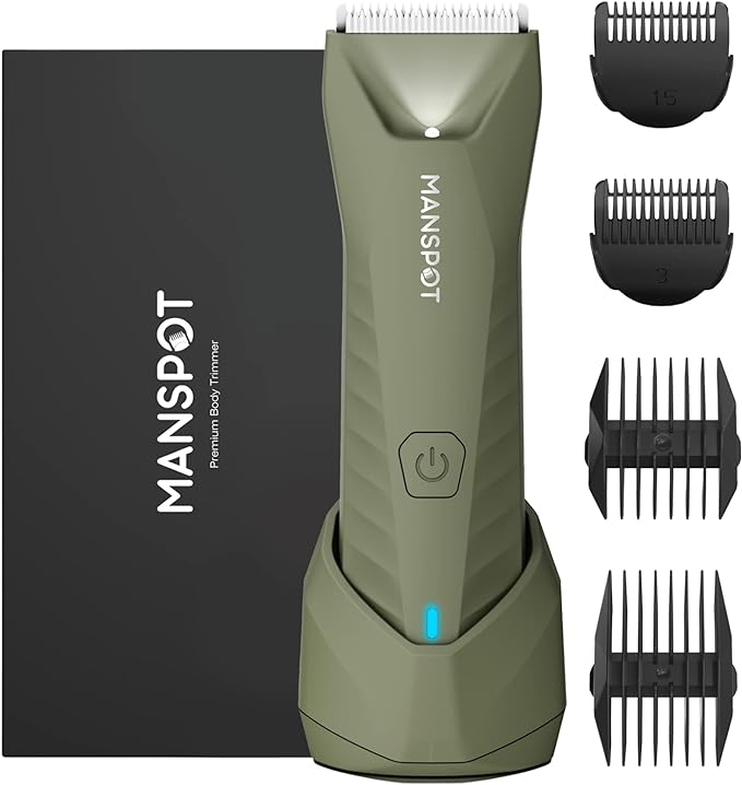 MANSPOT Manscape Trimmer for Men Ball/Pubic/Groin, Electric Body Hair Trimmer, Replaceable Ceramic Blade Heads,Waterproof for Wet/Dry Use,Standing Recharge Dock,90 Minutes Shaving After Charged(Green)