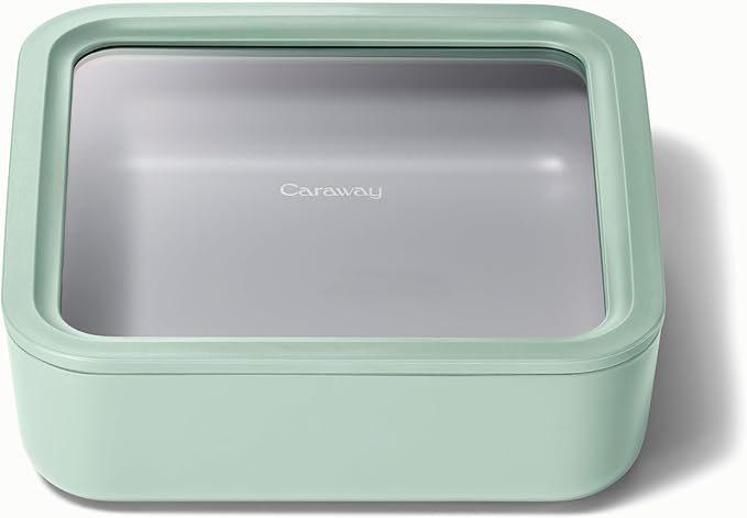 Caraway Glass Food Storage - 10 Cup Glass Container - Ceramic Coated Food Container - Non Stick Lunch Box with Lids - Dishwasher, Oven, & Microwave Safe - Square Shape - Mist