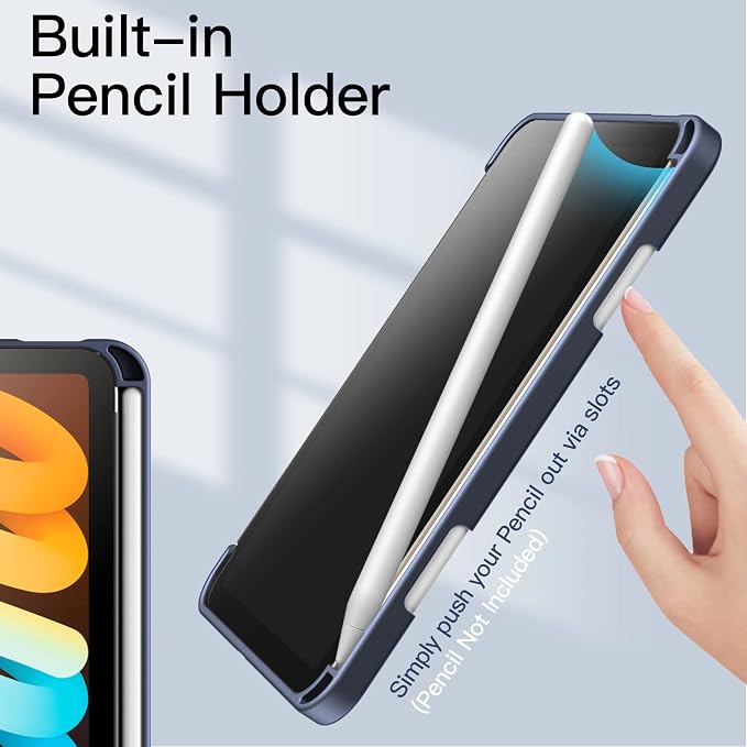 JETech Case Cover for iPad mini A17 Pro/6th Gen (2024/2021) Black | Clear Transparent Back Pencil Holder Slim Shockproof Protection Tri-Fold Stand Auto Wake/Sleep