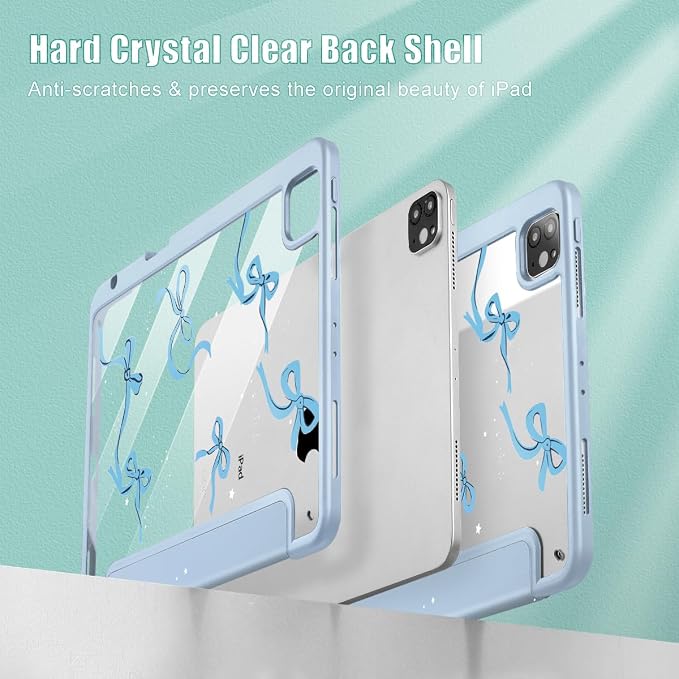 May Chen Case for iPad 12.9 Inch (6th/5th/4th/3rd Generation 2022/2021/2020/2018) Pencel Holder + Trifold Support Auto Sleep/Wake Transparent Shockproof Back Cover Blue Bows