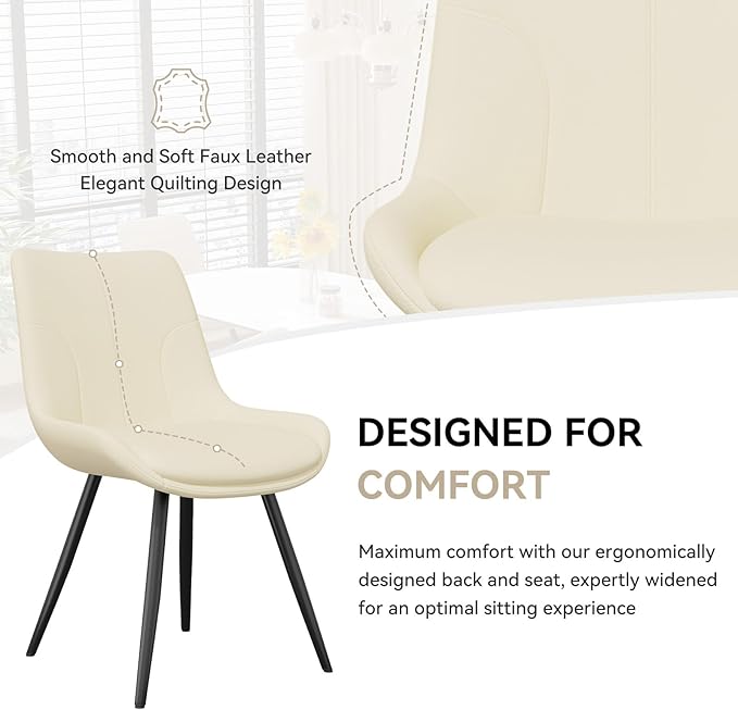 Upholstered Dining Chairs Set of 2, Modern Faux Leather Dining Room Chairs with Thick Cushion and Metal Legs, Kitchen Chairs with Back for Dining Room, Cream