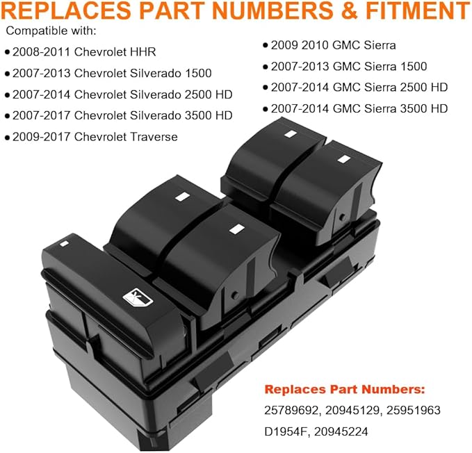 Power Window Master Control Switch Front Left Driver Side fit for 2007-2013 Chevy Silverado GMC Sierra 1500 2500HD 3500HD Traverse HHR Buick Enclave Replaces OE 25789692, 20945129, 25951963, 20945224