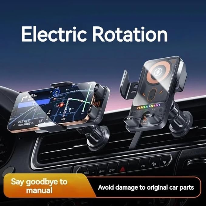 Auto-Clamping Car Wireless Charger RGB Light Phone Holder Stand Touching 360 Rotation Fast Charging Bracket for iPhone Samsung (Black)