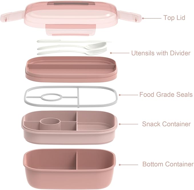 JBGOYON® Bento Lunch Box Set - 3 Stackable Containers for Adults and Kids，lunch box for women- Includes Lunch Bag, Leak-Proof and BPA-Free - Built-in Utensil Set - Dishwasher Safe (Pink)
