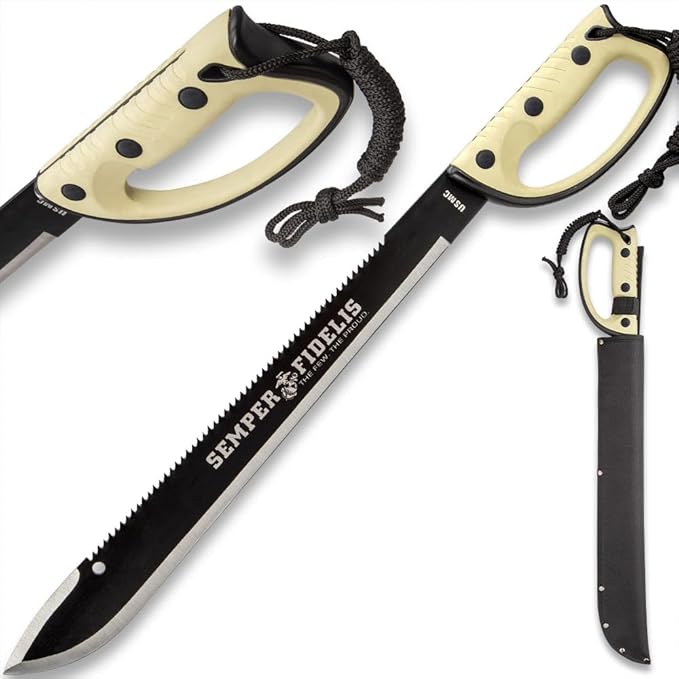 United Cutlery USMC Semper Fi Sawback Machete Knife with Sheath | Full-Tang Machete | 17 1/2" Non-Reflective Stainless Steel Blade | Saber-Style Handguard Handle | Modern Tactical Weapon - 24” Overall