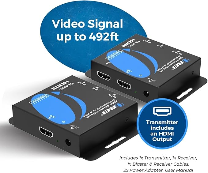OREI HDMI Over Ethernet Extender with HDMI Loop Out, Bi-Directional IR, and PCM2.0 Audio – Extend 1080p@60Hz Up to 492ft Over CAT6/7