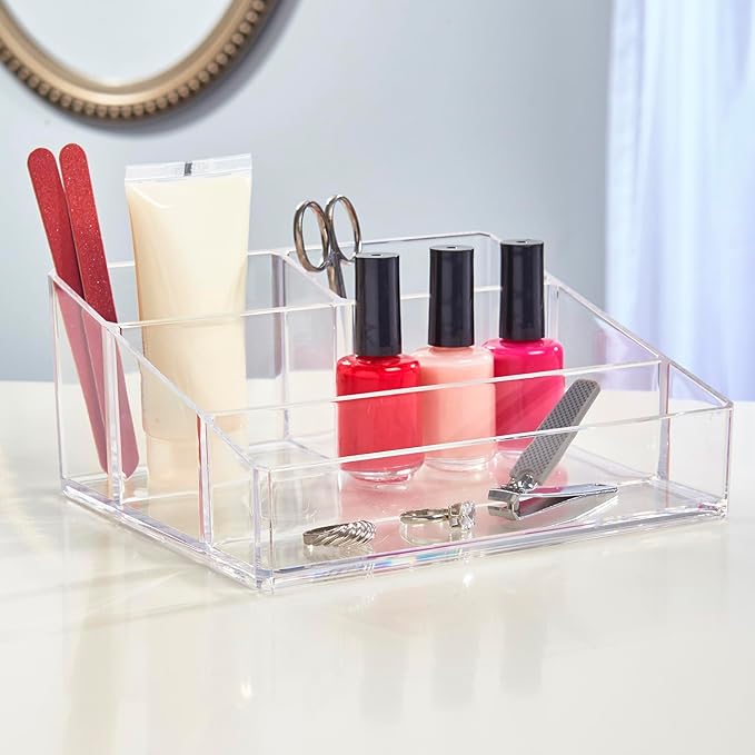 STORi Clear Plastic Small Countertop Vanity Makeup Organizer, Compact Rectangular 4-Compartment Holder for Brushes, Eyeshadow Palettes, & Beauty Supplies, Made in USA