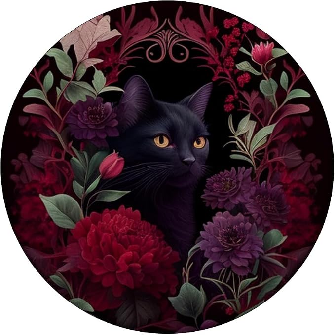 Black cat Hidden Flower Design with Burgundy Maroon Flowers PopSockets Adhesive PopGrip