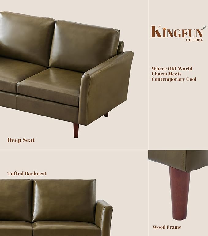 Kingfun Faux Leather 3 Seat Couch Set for Living Room, Mid Century Modern Sofa with Rolled Arms and Deep Seats, Fluffy Comfort for Apartment, Easy to Assemble, Olive Green Sofa and Chair