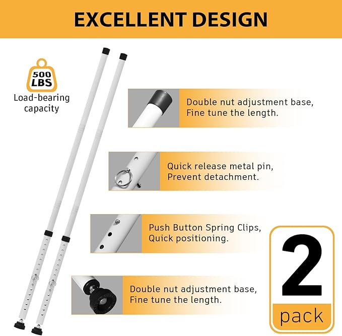 PBHEPJ Sliding Door Security Bar, 18.5-51 inch Adjustable Patio Door Security bar with Rubber Tips, Multi-use Window Security Bars, Sliding Door Stopper, White, 2 Pack