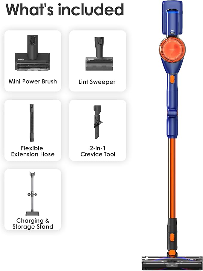 Tineco Pure ONE S70 Cordless Vacuum Cleaner, 200AW Powerful Suction, 3D Sense Pro Cleaning System, 6-Stage Filtration with 95min Runtime, Zero Tangle Brush with 180° Foldable Tube (Blue-Orange)