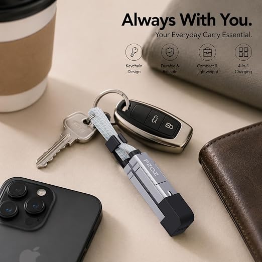 PZOZ 4-in-1 Keychain Charging Cable 60W Fast Charging USB C Cable with LED Display USB A/C to USB C &amp Lightning Portable Short Charger Cord for iPhone 16/15 iPad MacBook Samsung (60W 7.3 in