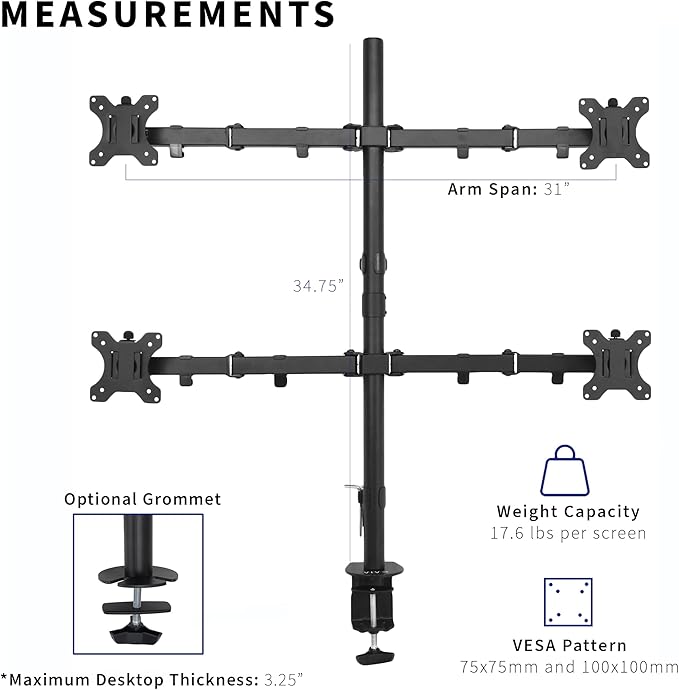VIVO Quad 13 to 30 inch LCD Monitor Desk Mount, Fully Adjustable Stand with Tilt and Swivel, Holds 4 Screens with Max VESA 100x100, STAND-V004