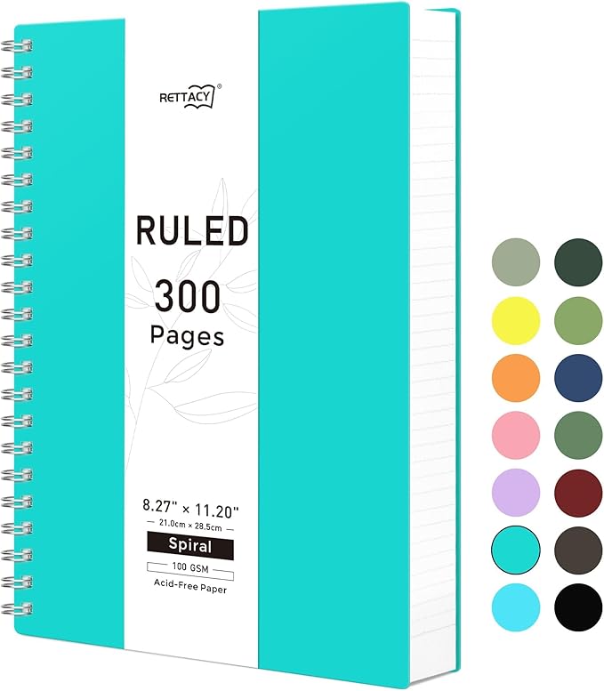 RETTACY Spiral College Ruled Notebook, 300 Pages, A4 Large Size (8.2" x 11.2"), for School, Work, Writing, Journaling, 100 GSM Thick Paper, Flexible Plastic Cover (Tiffani Blue)