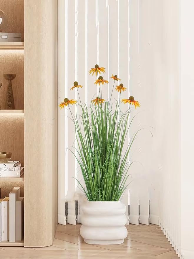 46" UV Resistant Artificial Grass Plant with 9 Realistic Yellow Echinacea Flowers - Indoor/Outdoor Fake Plants for Patio, Living Room, Porch Decor - All Weather Faux Floor Plant 2-Pack