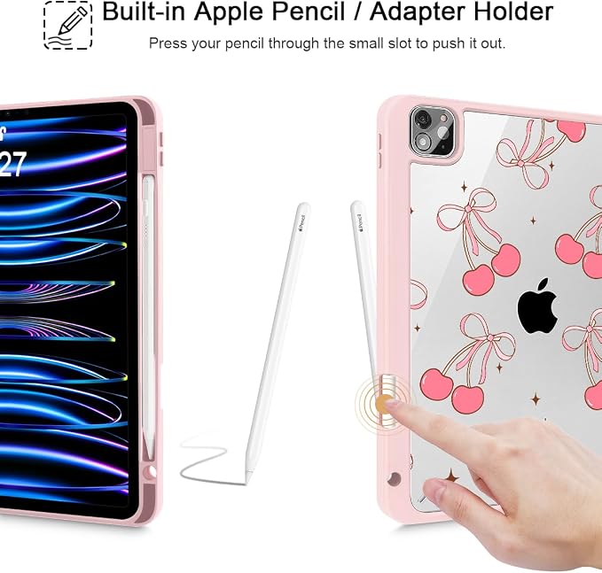 May Chen Case for iPad 12.9 Inch (6th/5th/4th/3rd Generation 2022/2021/2020/2018) Pencel Holder + Trifold Support Auto Sleep/Wake Transparent Shockproof Back Cover Blue Bows
