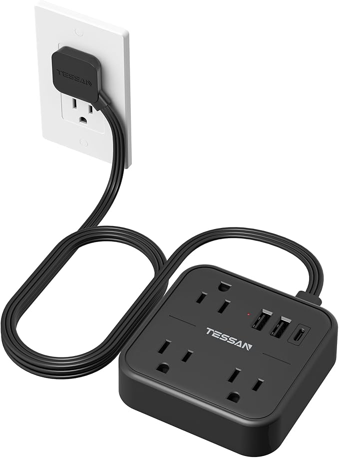Surge Protector Power Strip, TESSAN Flat Extension Cord 5 FT with USB Ports (1 USB C) and 3 Outlets, Ultra Thin Flat Plug Wall Charger for Home, Office, School, Dorm Room Essentials, Black