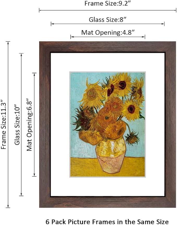 8x10 Picture Frame Set of 6 with Real Glass for Pictures 5x7 with Mat or 8x10 Without Mat, Wall or Tabletop Gallery Photo Frames Walnut