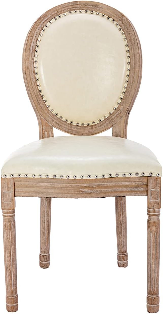 Nrizc French Country Dining Chairs Set of 4, Leather Farmhouse Dining Room Chairs with Round Back, Solid Wood Legs, Oval Side Chairs for Kitchen/Bedroom/Dining Room