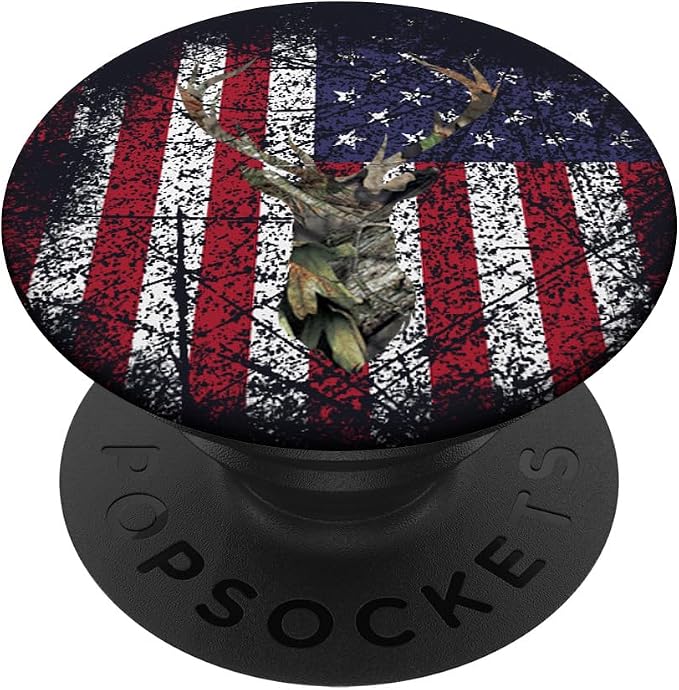 Deer Buck Hunting USA Flag Brown Camouflage Red White Blue PopSockets Adhesive PopGrip