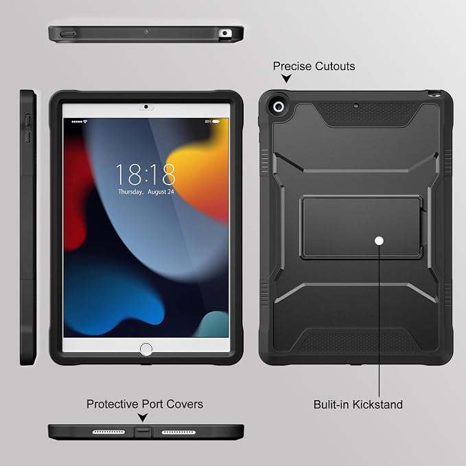 DTTO Case for for iPad 9th/8th/7th Generation 10.2-inch Black | Durable Shockproof Protective Cover Built-in Screen Protector &amp Kickstand Corner Protection