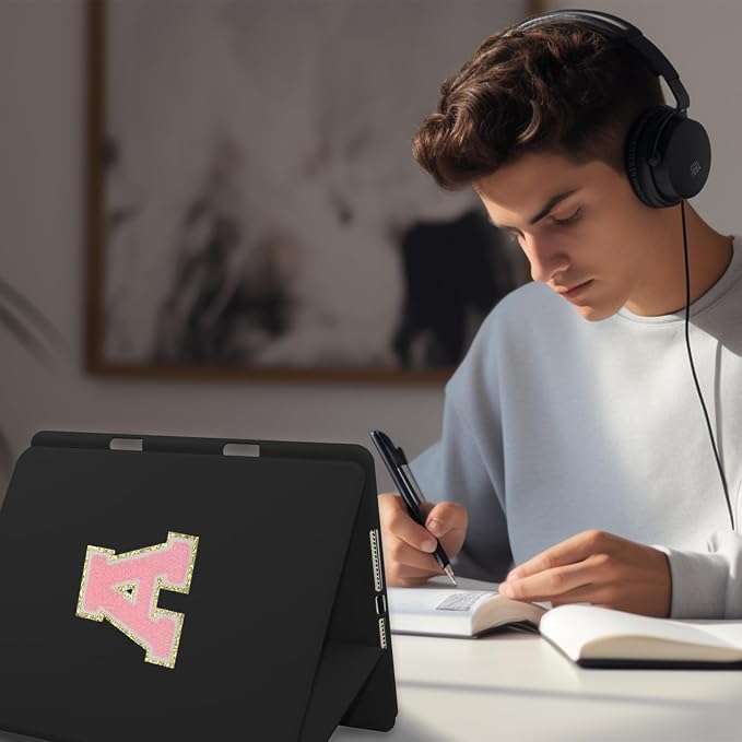 for iPad 9th Generation 10.2 Inch 2021/2020/2019 Case Initial Chenille Letter Suture Personalized for iPad 9th/8th/7th Generation Case with Auto Sleep/Wake Pencil Holder (Black A)